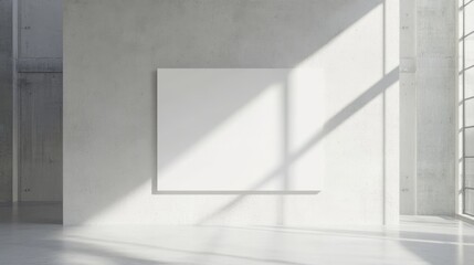 Fototapeta premium A blank white wall in a concrete office with large windows, offering a mockup for 3D rendering, ideal for showcasing design concepts or corporate branding in a minimalist setting.