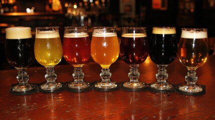 Assorted Craft Beers Displayed in Elegant Tulip Glasses with Varied Colors and Rich Foamy Heads on a Wooden Bar Counter