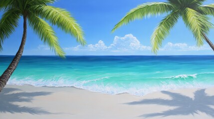 Coco palms swaying gently on a tropical paradise beach, their lush green fronds contrasting against the vibrant turquoise blue water and clear blue sky, inviting tranquility and relaxation, with soft