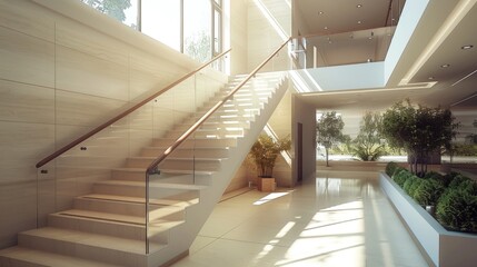 Obraz premium Modern and sophisticated staircase design with a sleek and modern railing and beautiful natural light