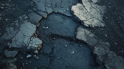 Worn asphalt surface showcasing significant potholes, cracks, and rugged textures, highlighting extensive deterioration and road maintenance needs.