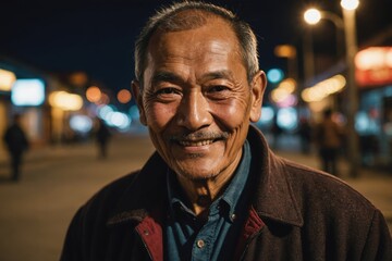 Obraz premium Close portrait of a smiling senior Bhutanese man looking at the camera, Bhutanese city outdoors at night blurred background