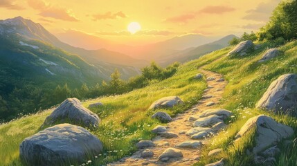 Golden sunset over a mountain with a rocky trail winding up the slope, framed by grass and boulders. The warm light creates a tranquil, inviting landscape.