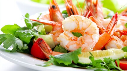 A fresh prawn salad artfully arranged on a plate, with succulent prawns, crisp greens, and vibrant vegetables, drizzled with a light vinaigrette, making for a delicious and visually appealing dish.