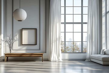 Obraz premium Minimalist, japandi interior of living room with sofa and table. Generative AI 