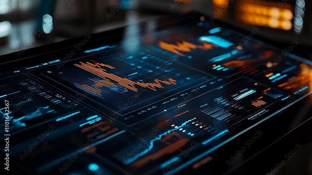 Poster futuristic digital dashboard displaying dynamic data streams and charts