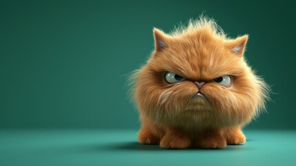 A humorous depiction of a grumpy orange cat with thick fur, standing on a green background. The exaggerated expression on the cat