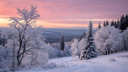 Snow-covered forest at dawn, pink sky glowing, serene winter morning, peaceful snowy landscape, magical early light, winter beauty, nature's tranquility, holiday vibes, and New Year freshness