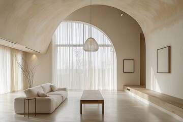 Fototapeta premium Minimalist, modern Scandinavian interiors in living rooms with windows and curtains visible and sofas. Generative AI 