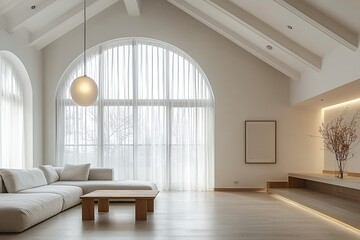 Fototapeta premium Minimalist, modern Scandinavian interiors in living rooms with windows and curtains visible and sofas. Generative AI 