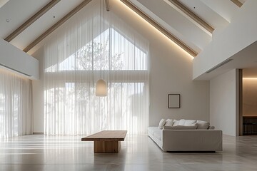 Minimalist, modern Scandinavian interiors in living rooms with windows and curtains visible and sofas. Generative AI
