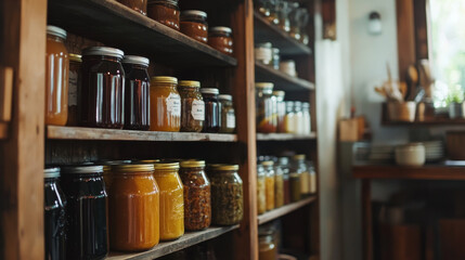 Colorful Preserved Foods in Glass Jars on Rustic Wooden Shelves