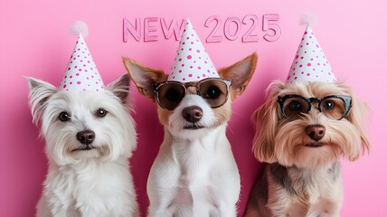 Cute dogs and cats celeberate 2025 Happy New Year ,Animal Party ,wear party hats, with "2025" written in a playful by fun font.