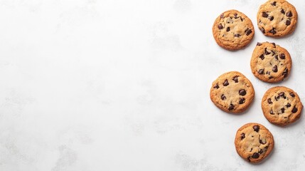 Aerial view of freshly baked chocolate chip cookies arranged on a flat surface, featuring a clean, empty space for text or design elements.