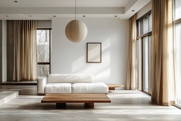 Minimalist, contemporary Scandinavian interiors in the living room with walls hanging with art frames and sofas and tables. Generative AI

