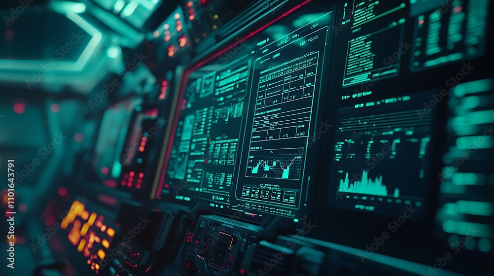 Poster futuristic spaceship control panel with vibrant teal and red illuminated displays showing data strea