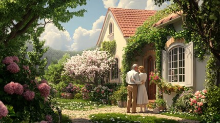 A loving couple gazing affectionately at their charming home, their expressions filled with warmth and contentment, surrounded by a lush garden, symbolizing love, stability, and the joy of creating a