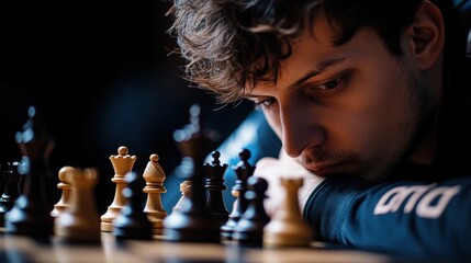 Intense Focus on Strategic Moves in a Chess Game with Dark Background and Dramatic Lighting Capturing the Depth of Thought and Concentration of the Player