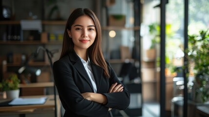 Portrait of beautiful successful hispanic young business woman with crossed arms smiling confident at camera. Latin or eastern middle age female ceo leader businesswoman standing in office. Copy space