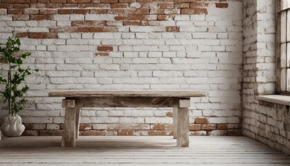 Rustic Exposed Brick Wall and Worn Farmhouse Table Backdrop - Minimalist Vintage Aesthetic Perfect for Product Photography, E-commerce, Food Styling, and Cozy Modern Home Decor Shoots