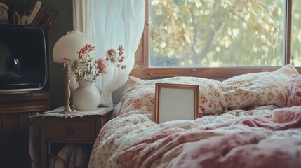 Cozy Bedroom with Floral Bedding, Vintage Lamp, Old TV, and Fresh Flowers in a Glass vase, Sunlight Streaming through Windows, Home Decor Inspiration, Peaceful Ambiance