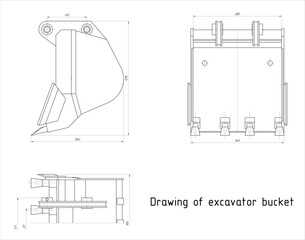 Vector bucket of earthmoving machine.  Technical drawing of tractor part. Engineering mechanical design of excavator tool with dimension lines. Industrial  cad scheme on paper sheet.  © TKalinovskaya