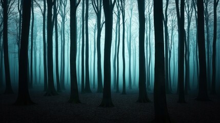 Naklejka premium Mysterious forest scenery with tall, bare trees standing close together in dense fog creating an eerie and atmospheric scene.