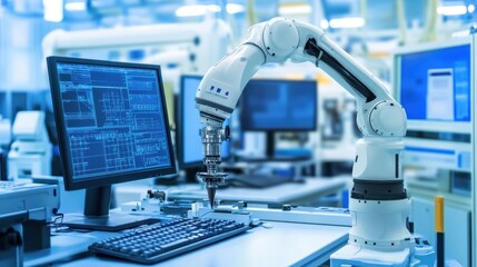 Advanced Robotic Arm Working in Modern Industrial Facility with Computer Monitor Displaying Data Analytics and Automation Processes