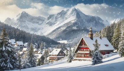 Santas enchanting village nestled behind snow-capped mountains, surrounded by glistening Christmas trees under a magical winter sky, evoking timeless holiday cheer and wonder.