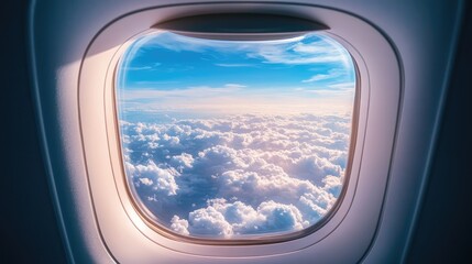 Aerial view of soft white clouds illuminated by sunlight with a vibrant blue sky seen through an aircraft window, capturing the beauty of air travel.
