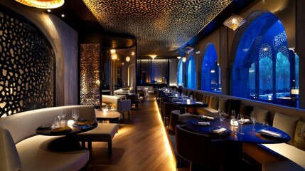 Stylish Arabian dining area with modern furniture, intricate ceiling details, and soft lighting for a cozy yet elegant feel