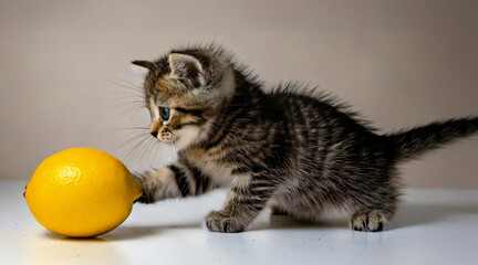 A kitten batting at a rolling lemon, looking both confused and entertained