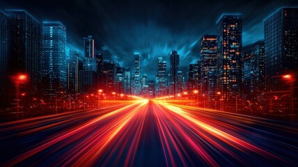 Fototapeta premium peak energy demand concept. A vibrant cityscape at night with illuminated roads and skyscrapers, showcasing a blend of blue and red hues that create a dynamic atmosphere.