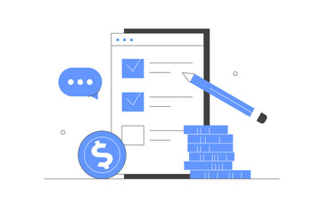 Finance. Putting check mark on checklist. Financial audit concept. Online survey filling online survey form on gadgets, to do list paper note. Flat Cartoon Vector Illustration, icon. Stylish abstract