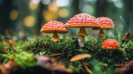 Amanita Muscaria Mushrooms Growing Amongst Moss