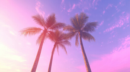 Serene tropical scene of palm trees silhouetted against a dreamy pastel sunset sky, perfect for vacation themes.