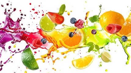 Splashing Juice and Wine on a White Background - A Vivid and Colorful Liquid Display. The Dynamic Splashing of the Juice and Wine, with Their Rich Hues and Transparent Textures, Creating a Captivating