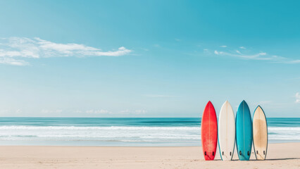 Minimalist beach scene with surfboards on the sand and a breathtaking sea, welcoming the summer season.