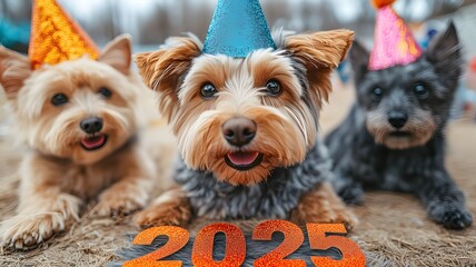 Cute dogs celeberate 2025 Happy New Year ,Animal Party ,wear party hats, with "2025" written in a playful by fun font.