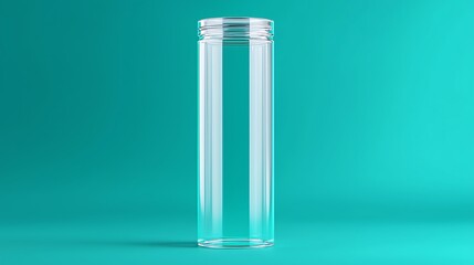 Transparent Glass Cylinder on Teal Background; Minimalist Product Mockup