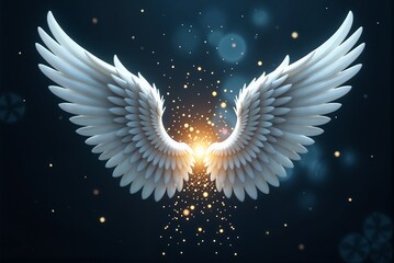 Angels ethereal wings glow softly in the dark night sky