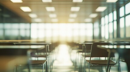 Blurry perspective of an empty lecture hall with rows of desks and chairs, softly illuminated by natural light through large windows.