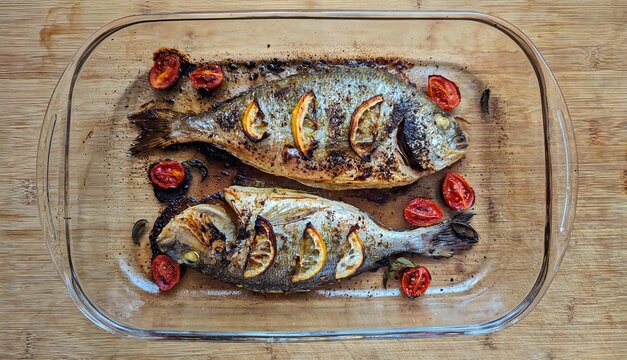 Oven roasted dorado fish with lemon slices and cherry tomatoes in glass baking dish on wooden background
