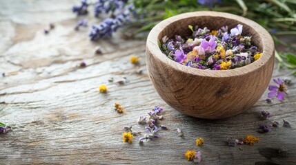 Dried lavender flowers in wooden bowl on rustic surface