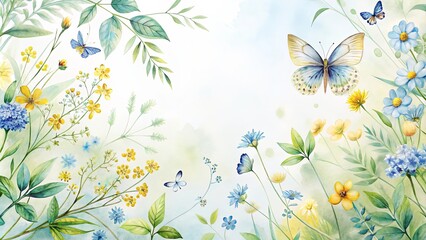Serene watercolor painting of delicate wildflowers and butterflies, a tranquil nature scene perfect for cards or home decor