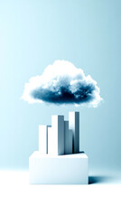 A minimalist design featuring white buildings beneath a cloud, symbolizing concepts like urban development and innovation.