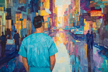 Obraz premium Man in blue scrubs gazes at colorful cityscape during twilight hours. Generative AI