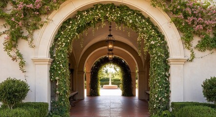 Fototapeta premium Decorative arches at entrances covered with flowering vines