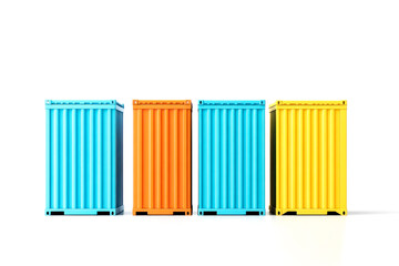 Four colorful shipping containers in blue, orange, and yellow, arranged in a row against a white background.