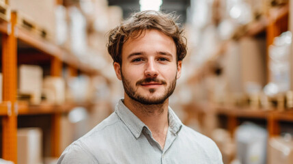 Fototapeta premium Warehouse worker smiling storage facility portrait photography industrial environment close-up view professionalism